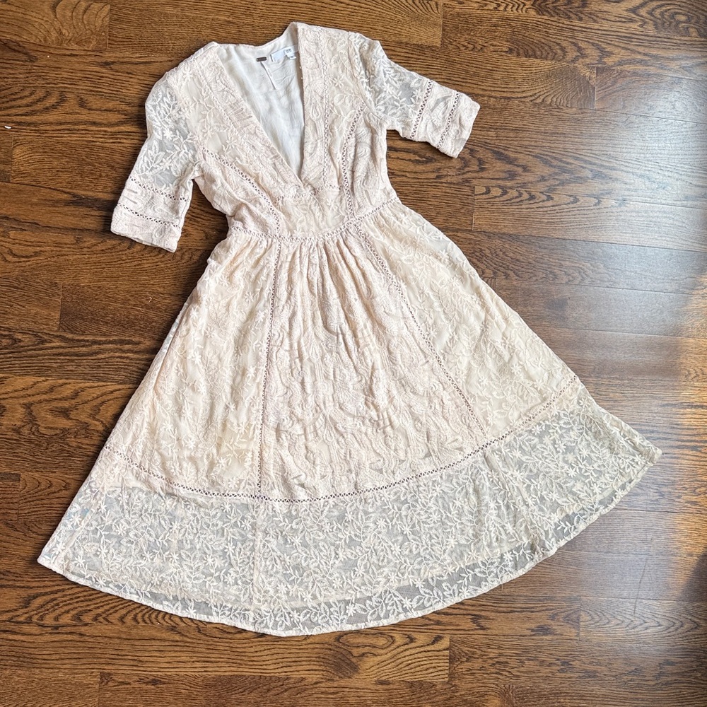 Free People V-Neck Lace Midi Dress in Taupe/Ivory